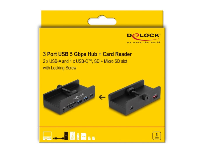 DeLOCK 64285 USB-Hub – USB-A, 2× USB-A, 1× USB-C, SD/microSD, 3,5 mm Audio, für Windows/Mac/Linux