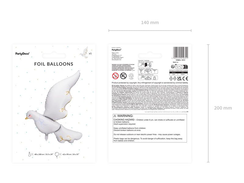 PartyDeco Folienballon Taube – Weiss – 80 × 100 cm – 1 Stk