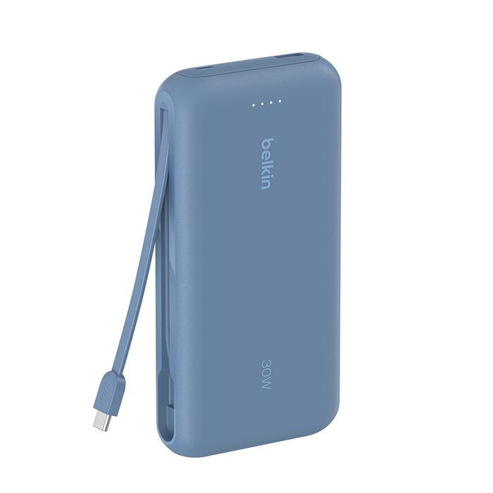 Belkin Powerbank 20000 mAh, PD 30 W, integriertes USB-C-Kabel, Blau