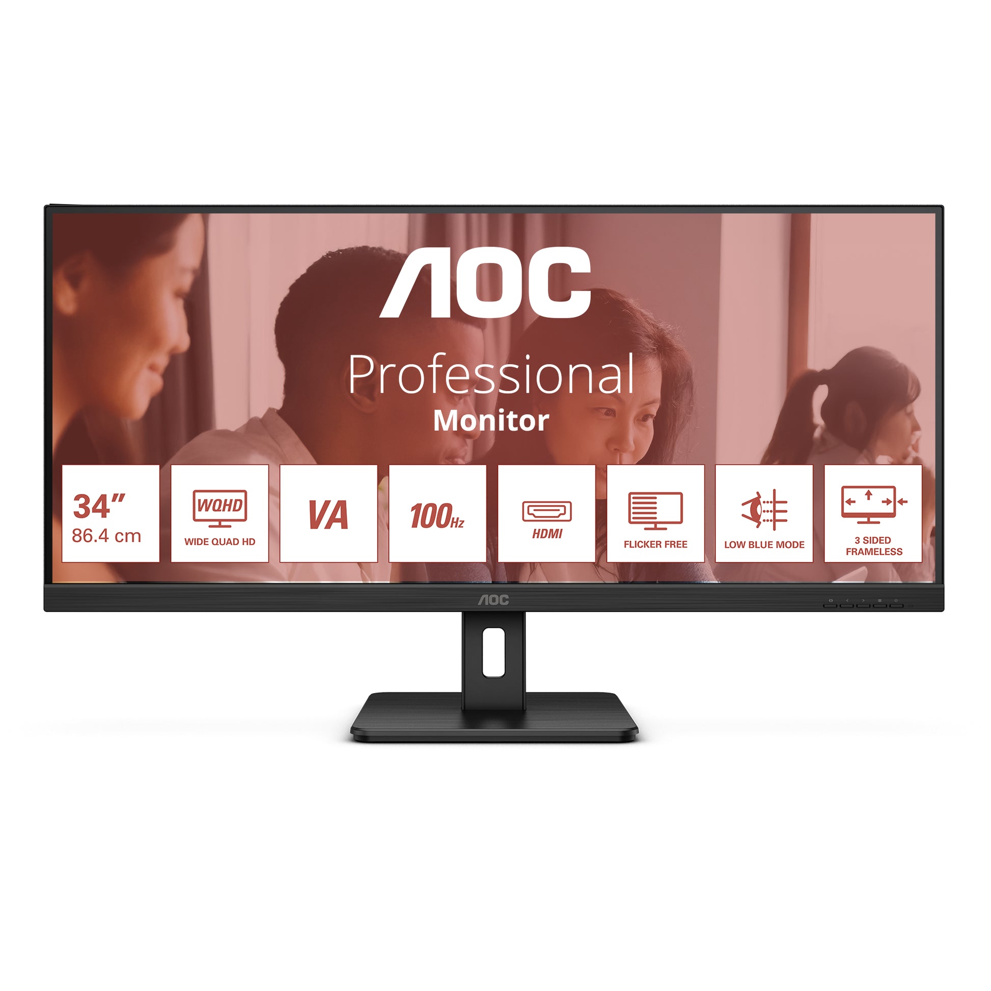 AOC Monitor, 34", 3440 × 1440, VA, 100 Hz, 300 cd/m², Adaptive Sync, VESA 100 × 100, Schwarz