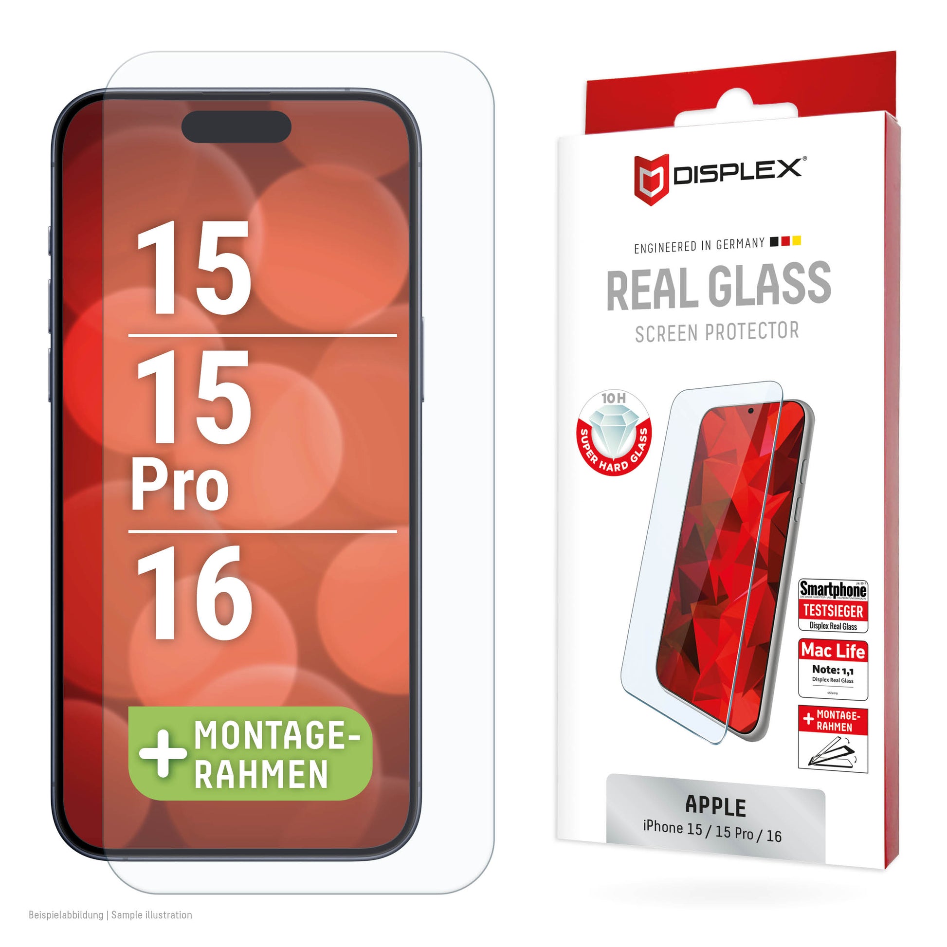Displex Displayschutz (Panzerglas), 10H – für iPhone 15/15 Pro/16 – mit Applikator