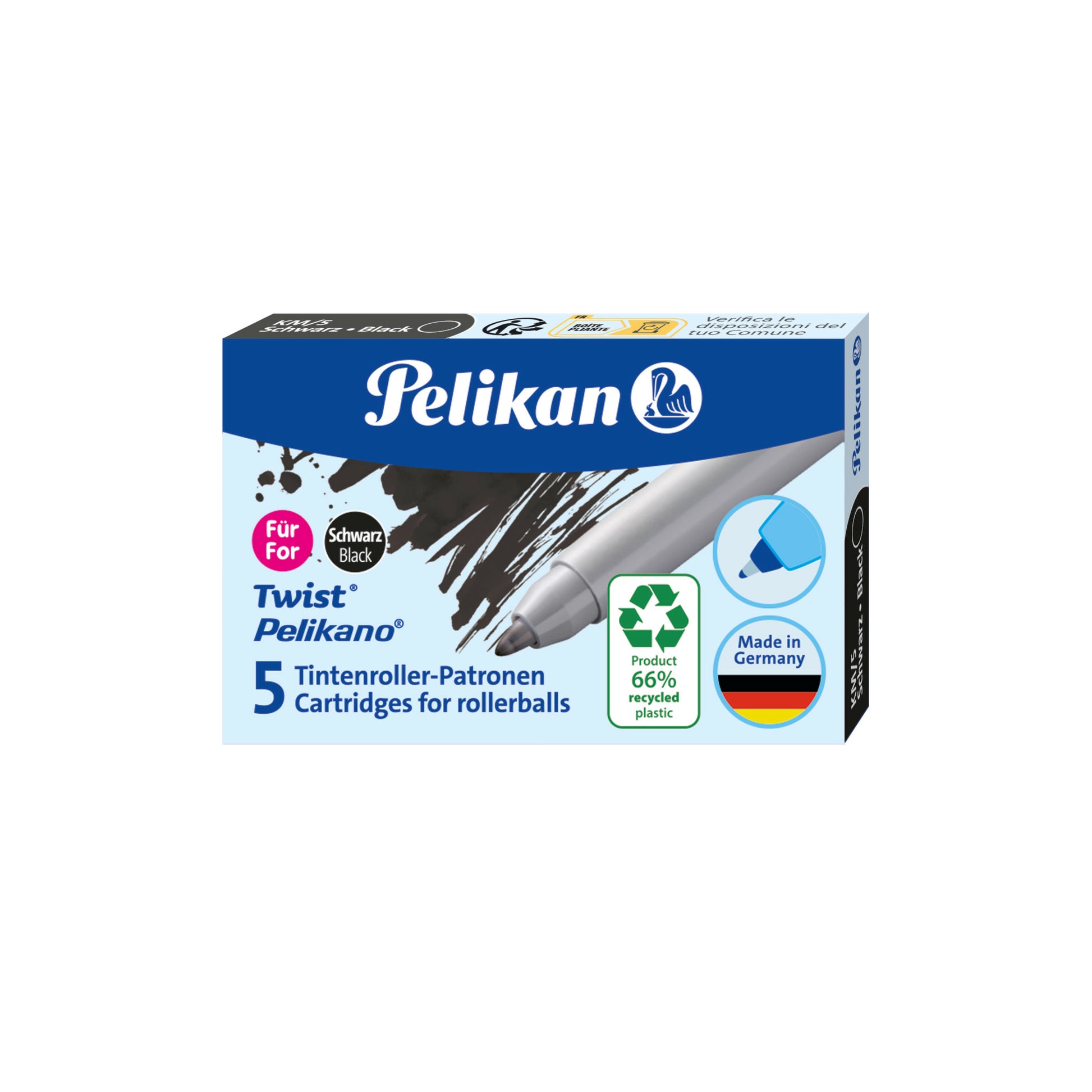 Pelikan ECO 824699 Rollerpatrone – Schwarz, für Pelikan Tintenroller Twist, 5er-Pack