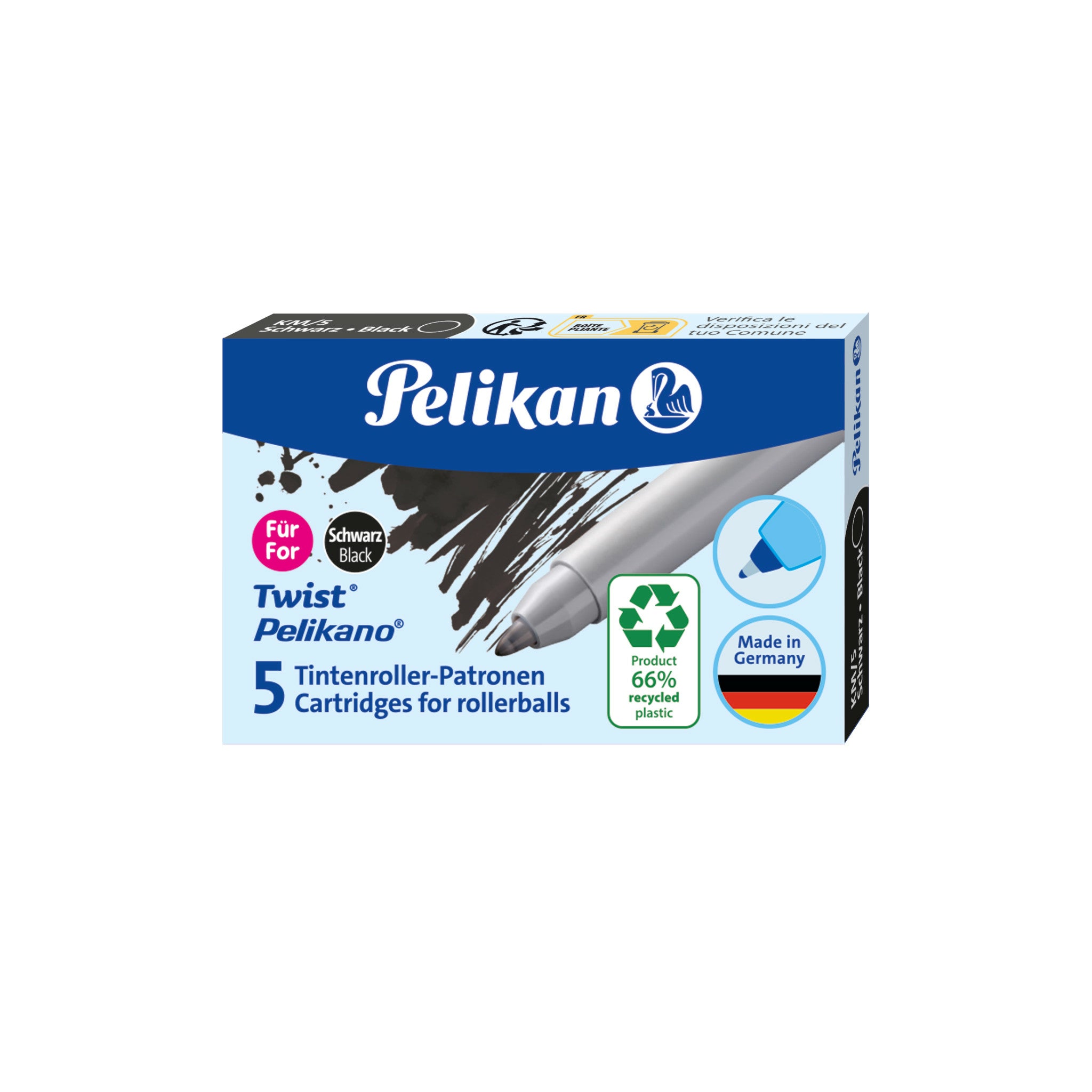 Pelikan ECO 824699 Rollerpatrone – Schwarz, für Pelikan Tintenroller Twist, 5er-Pack