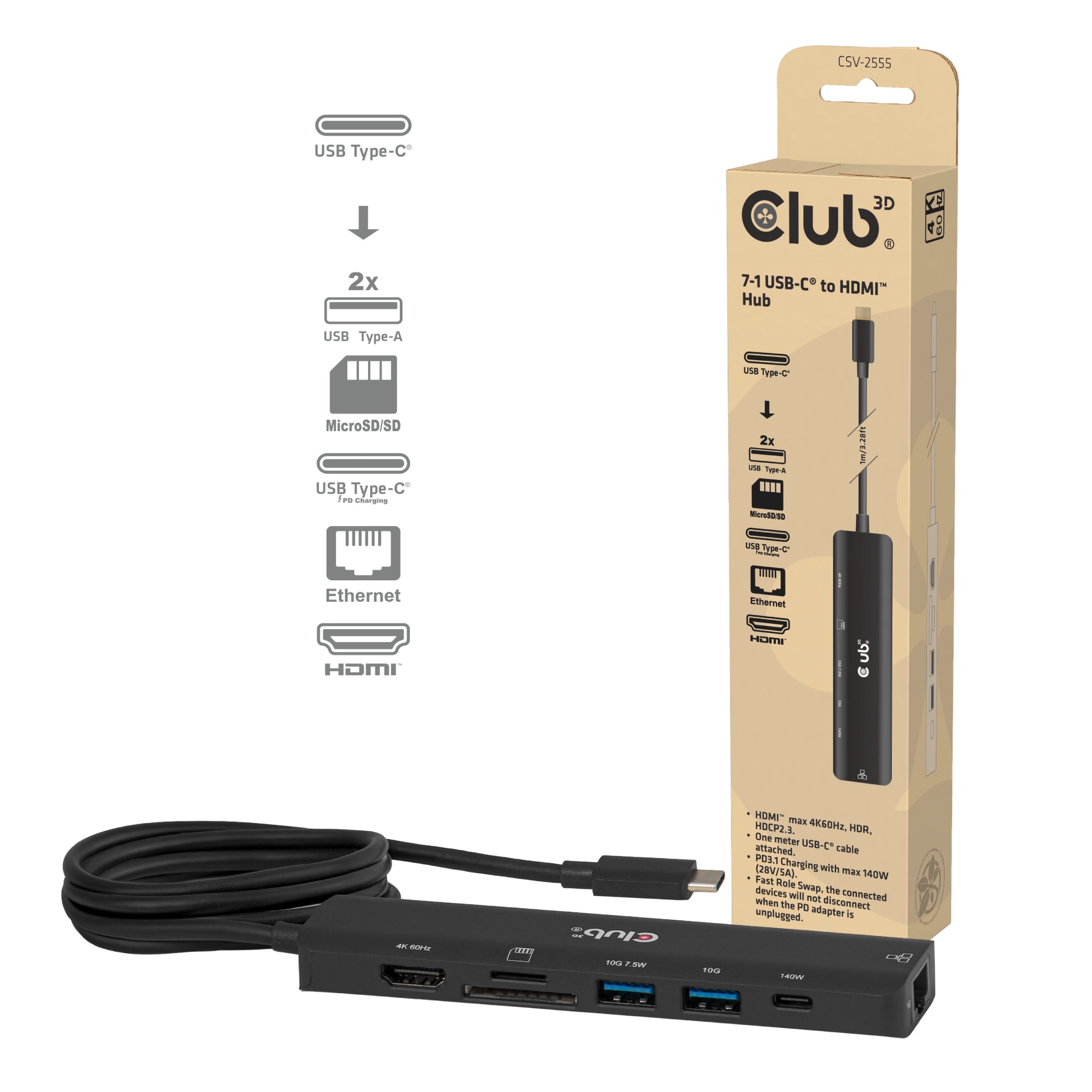 CLUB3D Club 3D Multiport-Adapter – USB-C, 1× HDMI, 2× USB-A, GbE, microSD
