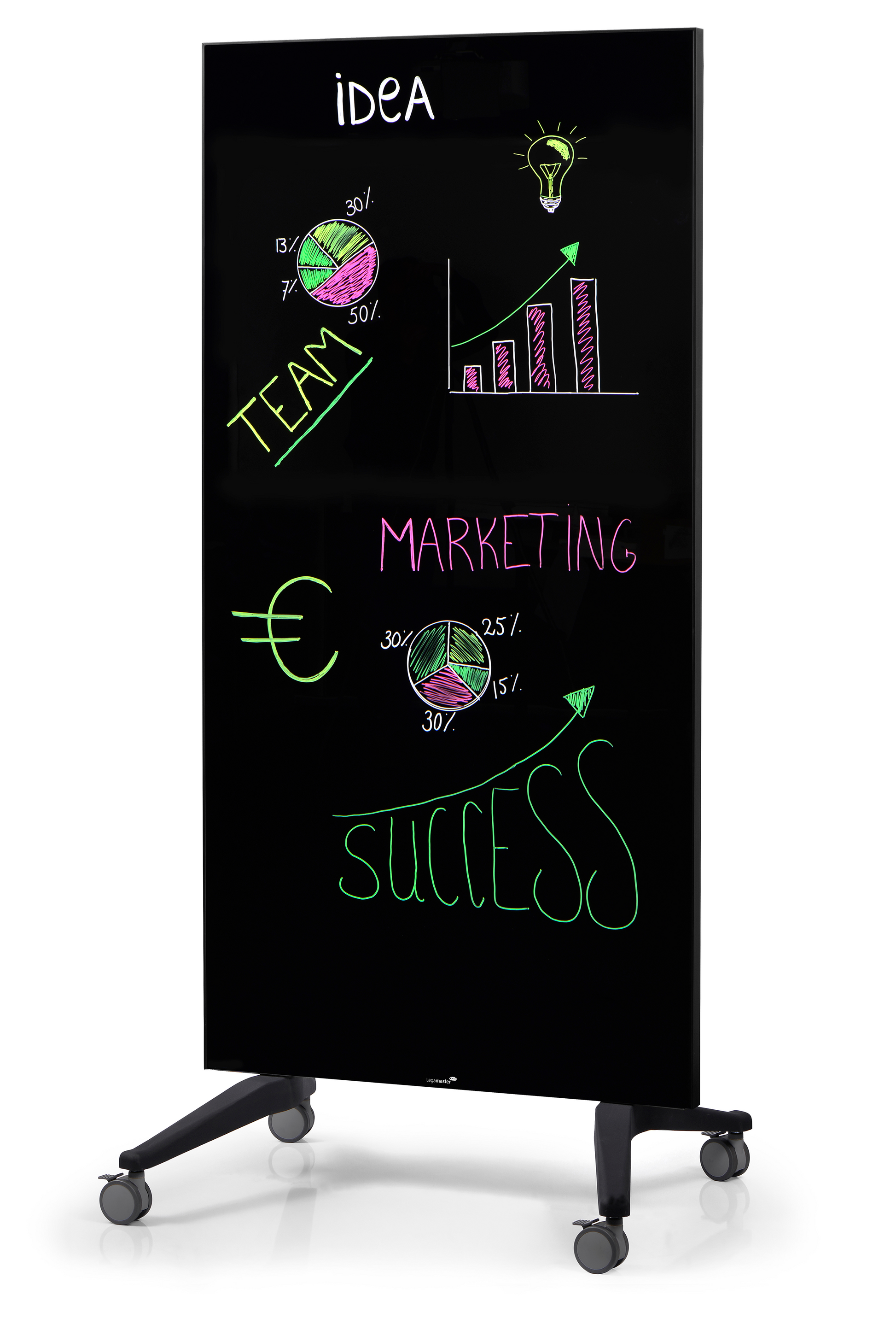Legamaster Whiteboard – 90 × 175 cm, Glas, schwarzer Rahmen, mobil