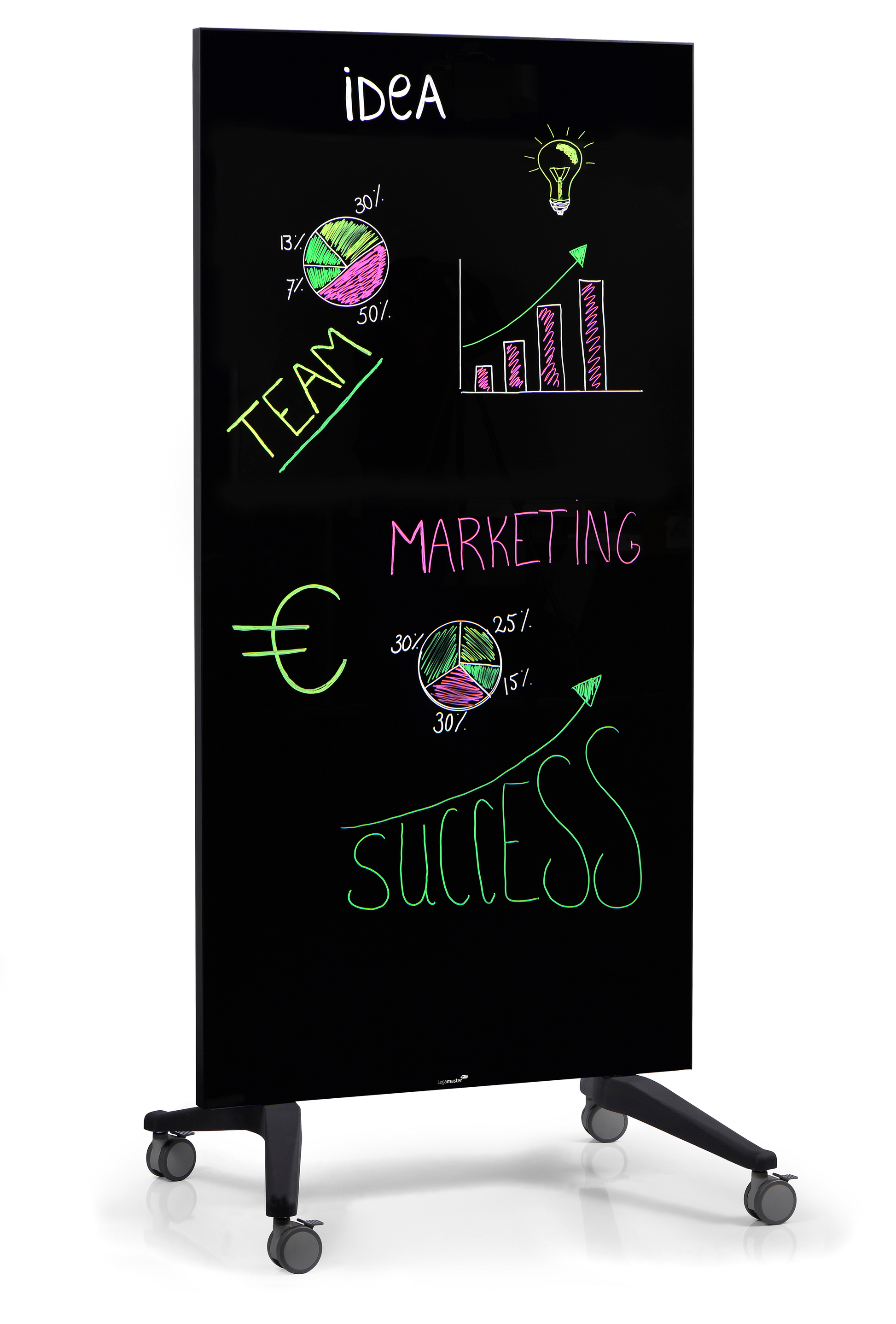 Legamaster Whiteboard – 90 × 175 cm, Glas, schwarzer Rahmen, mobil