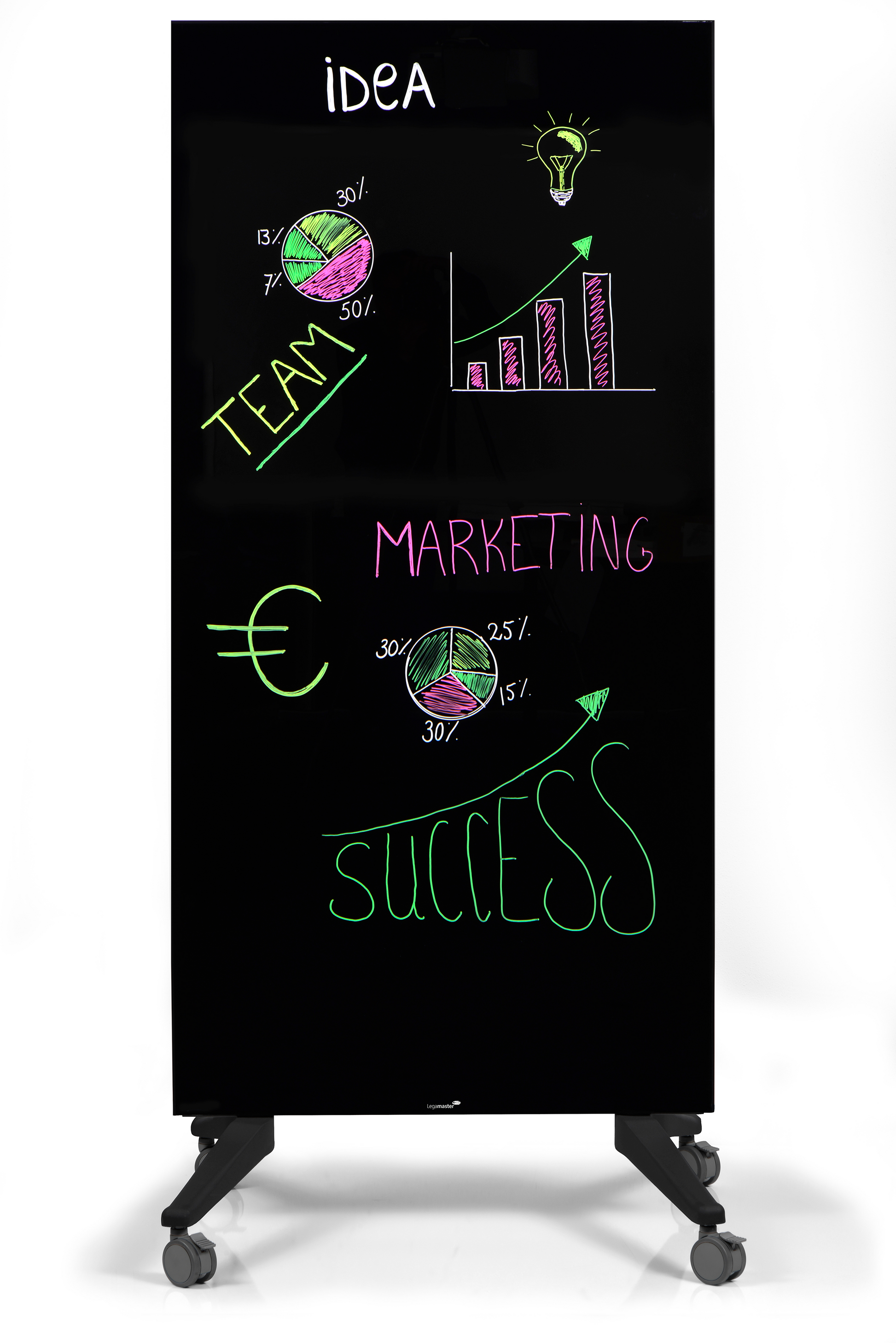 Legamaster Whiteboard – 90 × 175 cm, Glas, schwarzer Rahmen, mobil