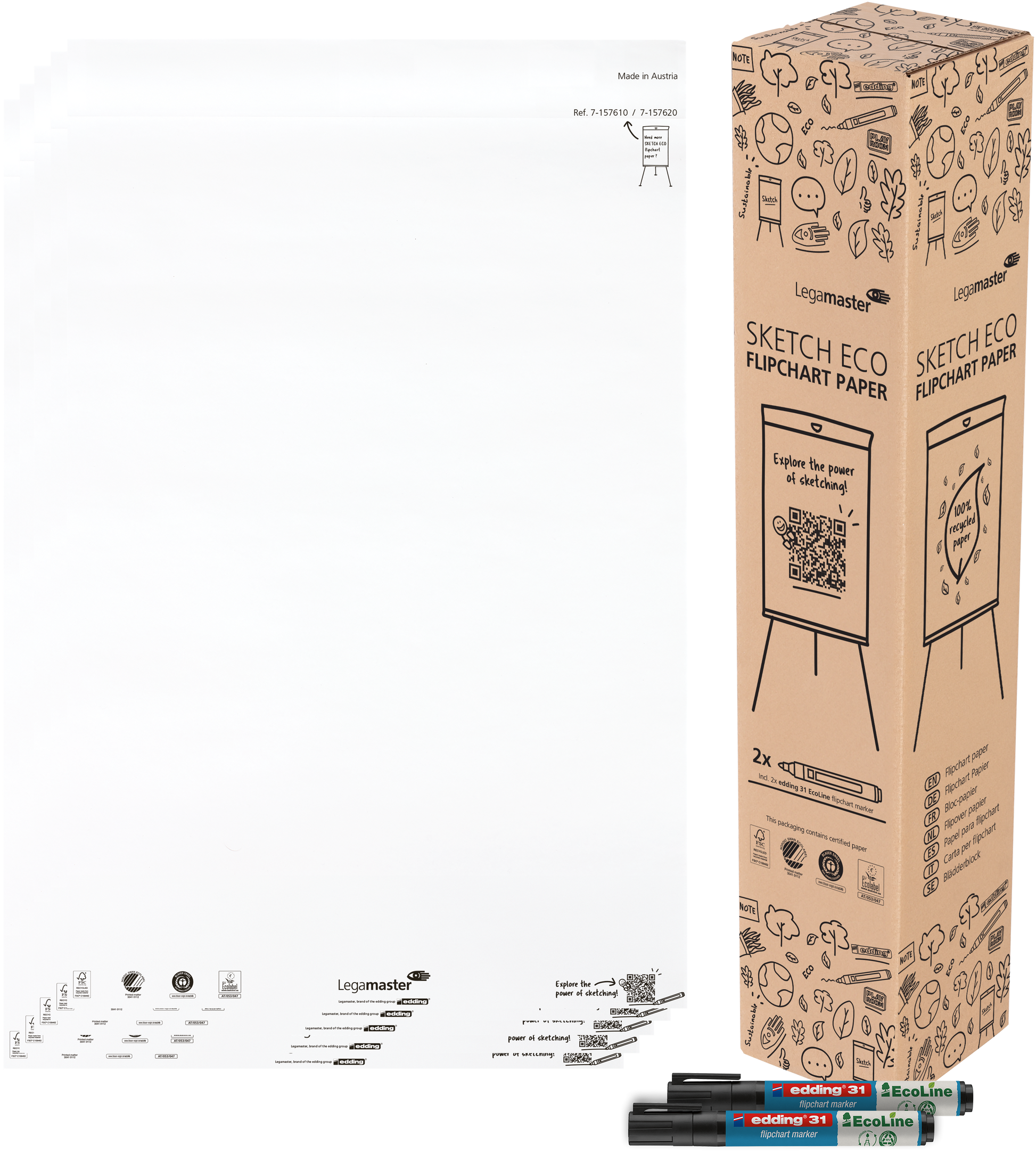 Legamaster Flipchart-Block SKETCH ECO – 65 × 98 cm, 20 Blatt/Block, 5 Blöcke, blanko, weiss, Papier, Recycling