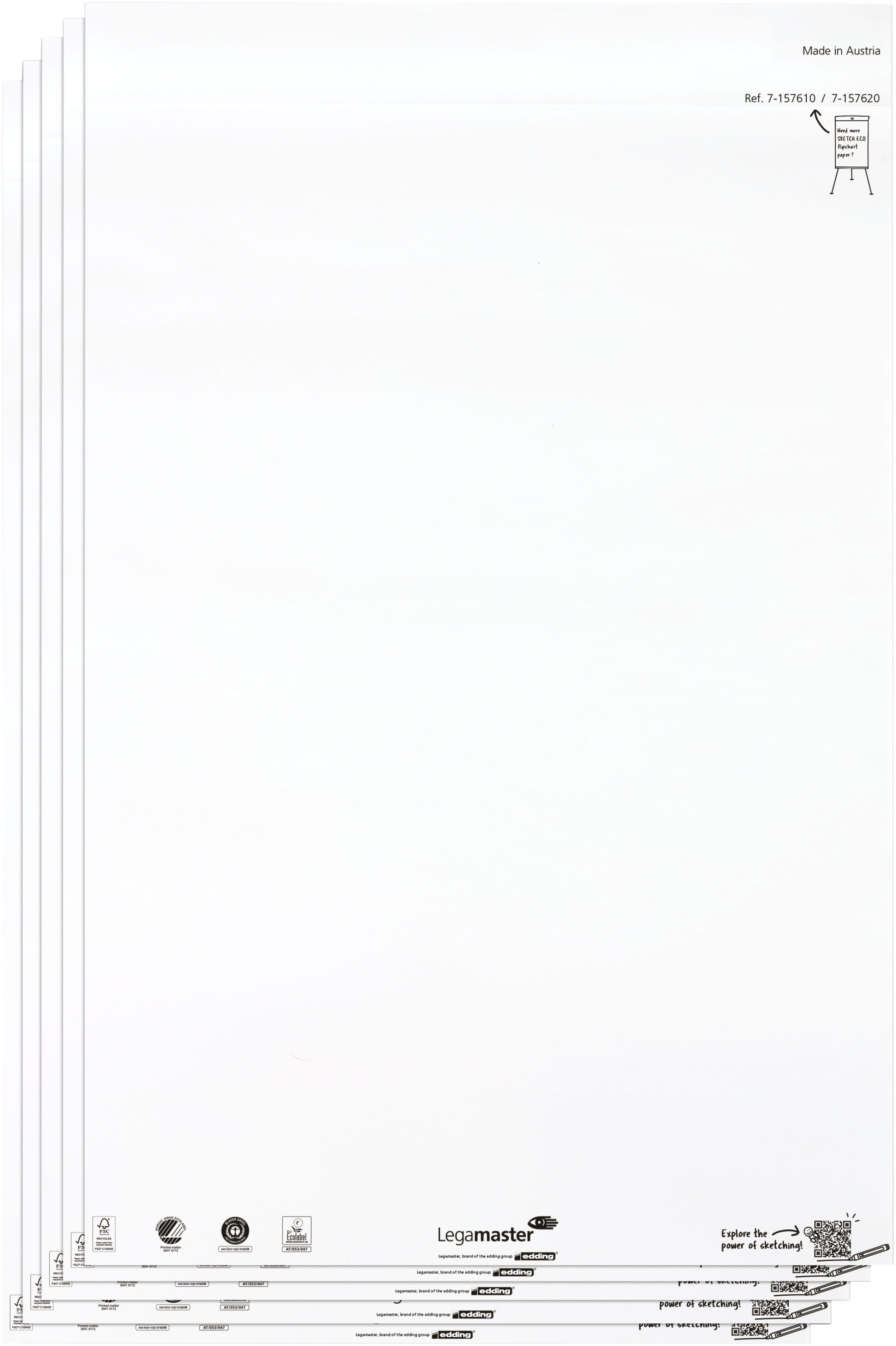 Legamaster Flipchart-Block SKETCH ECO – 65 × 98 cm, 20 Blatt/Block, 5 Blöcke, blanko, weiss, Papier, Recycling