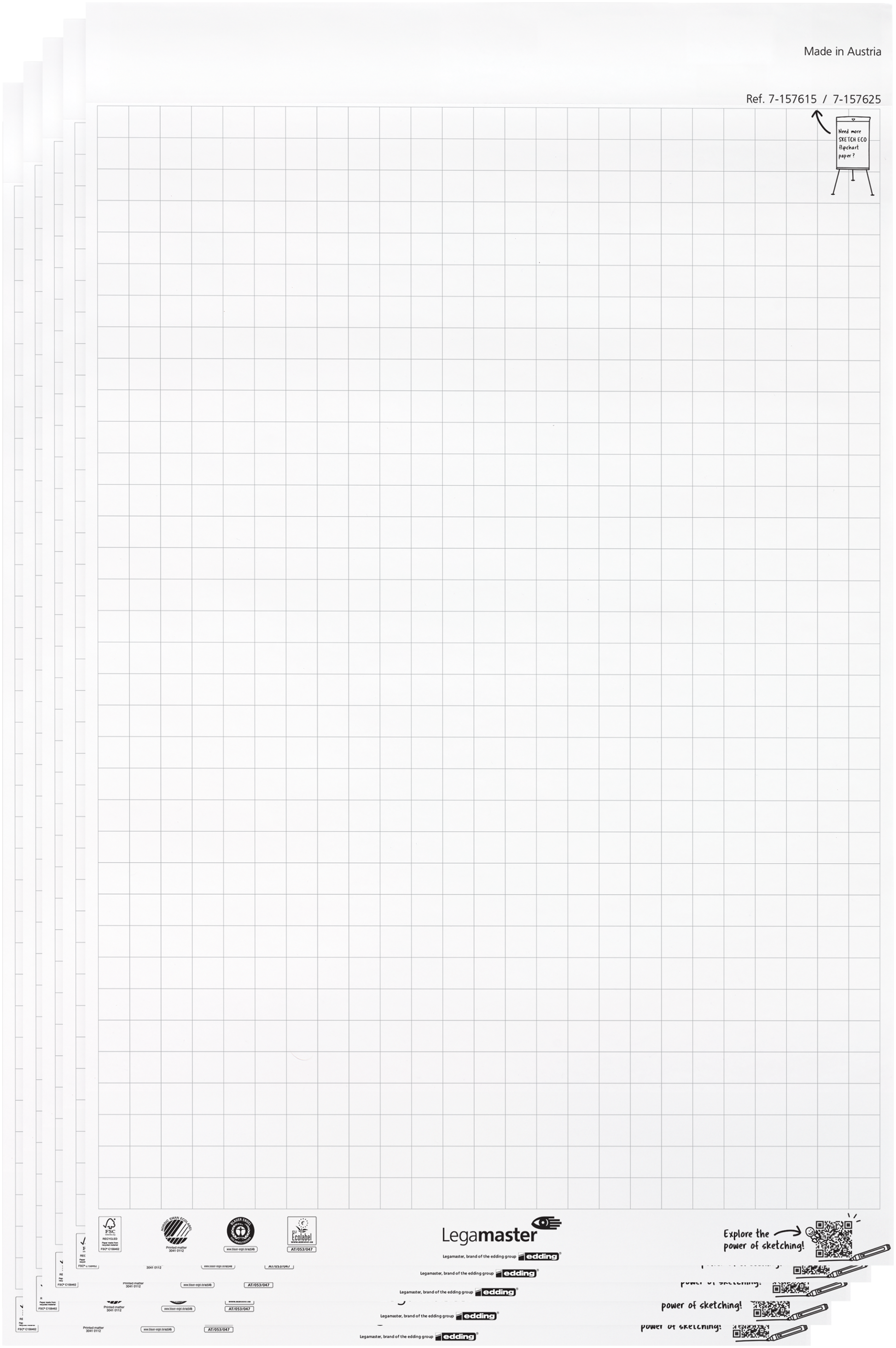 Legamaster Flipchart-Block SKETCH ECO – 65 × 98 cm, 20 Blatt/Block, 5 Blöcke, kariert, weiss, Papier