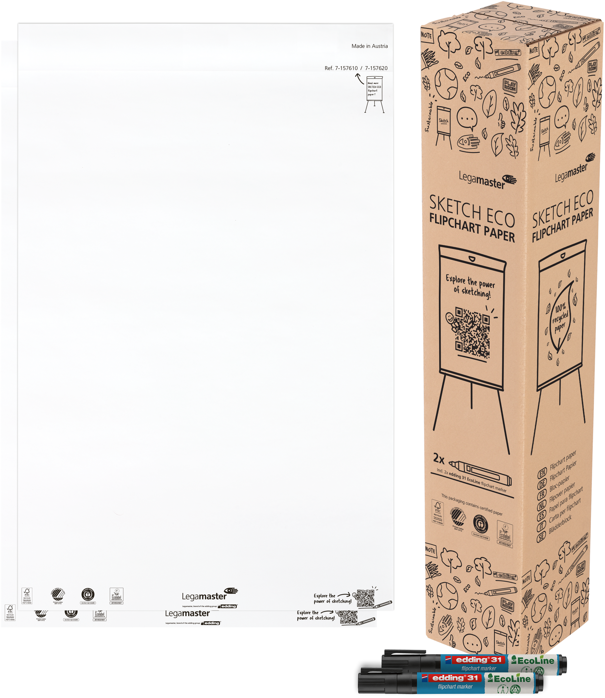 Legamaster Flipchart-Block SKETCH ECO – 65 × 98 cm, 50 Blatt/Block, 2 Blöcke, blanko, weiss, Papier, Recycling