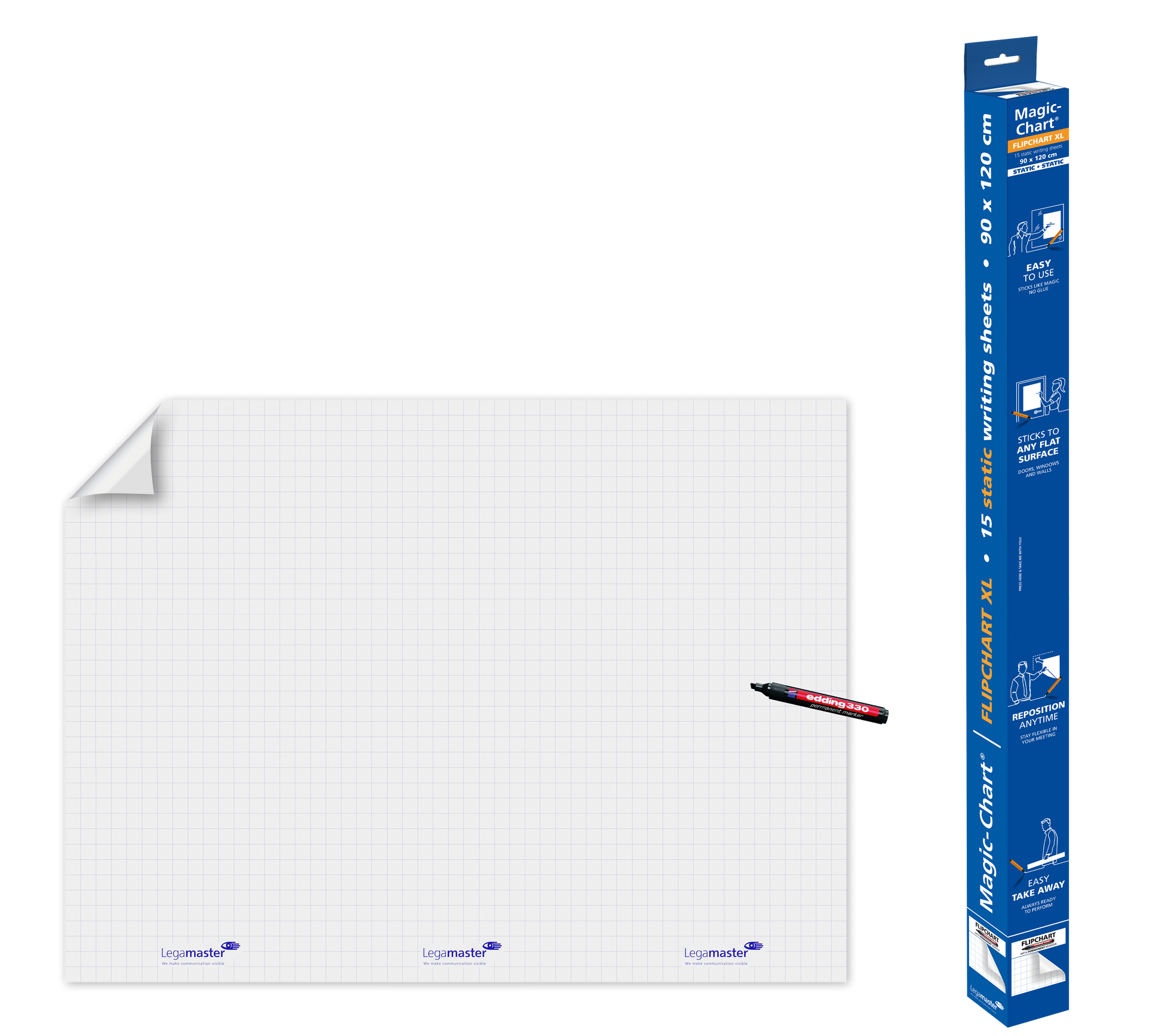 Legamaster Flipchart-Block Magic-Chart – 120 × 90 cm, elektrostatisch, 15 Blatt/Block, kariert, weiss