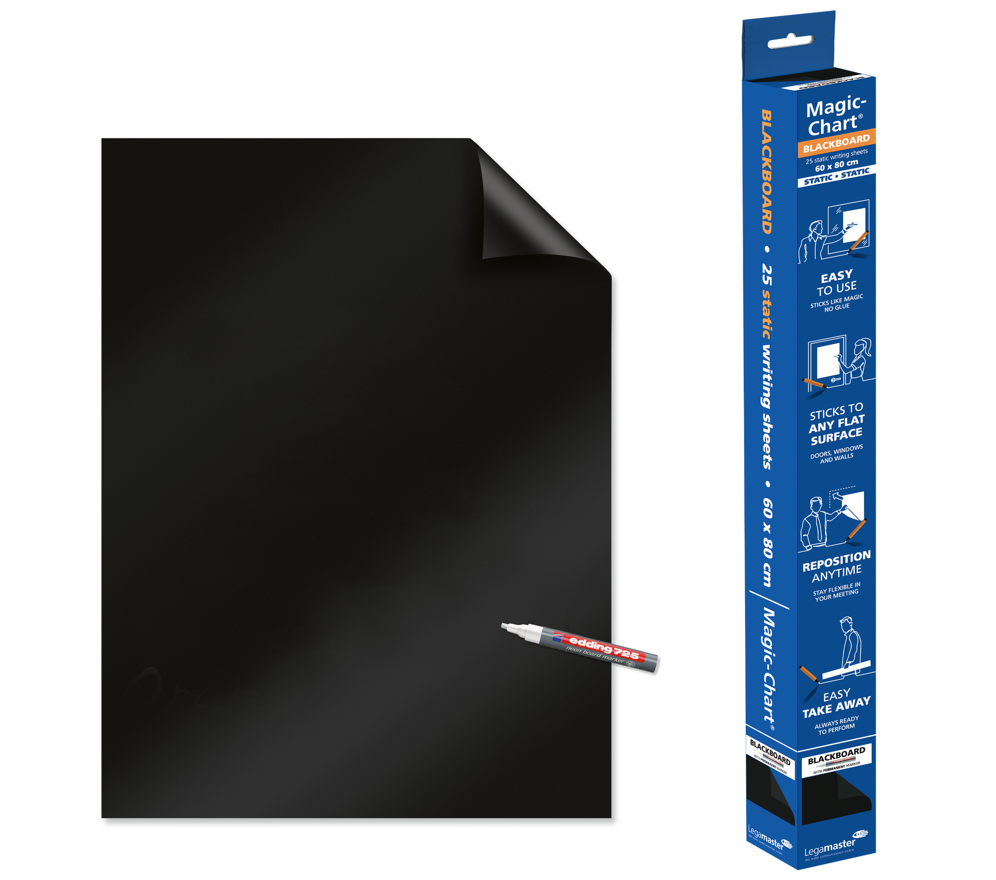 Legamaster Tafelfolie Bogen – Schwarz, selbstklebend, 600 × 800 mm, 25 Bogen