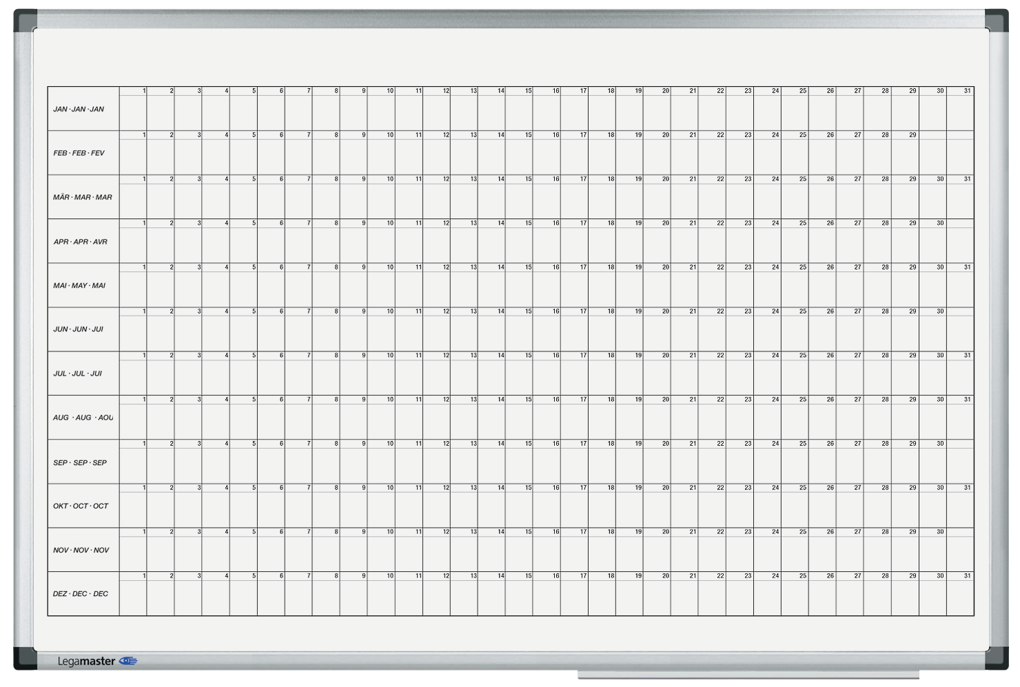 Legamaster Jahresplaner mit Stiftablage, Alurahmen, Wandmontage, 12 Monate – 90 × 60 cm, Weiss