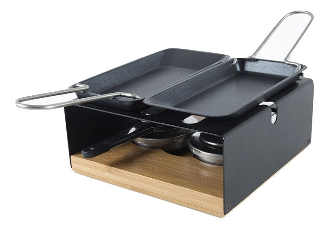 Stöckli Raclette-Grill Multifun – 2 Pastenbrenner, teflonbeschichtet, Metall/Bambusholz – Schwarz/Holz