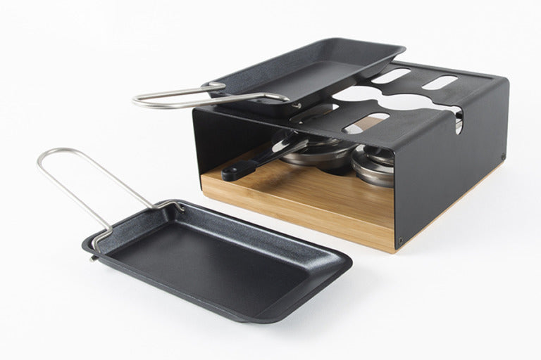 Stöckli Raclette-Grill Multifun – 2 Pastenbrenner, teflonbeschichtet, Metall/Bambusholz – Schwarz/Holz