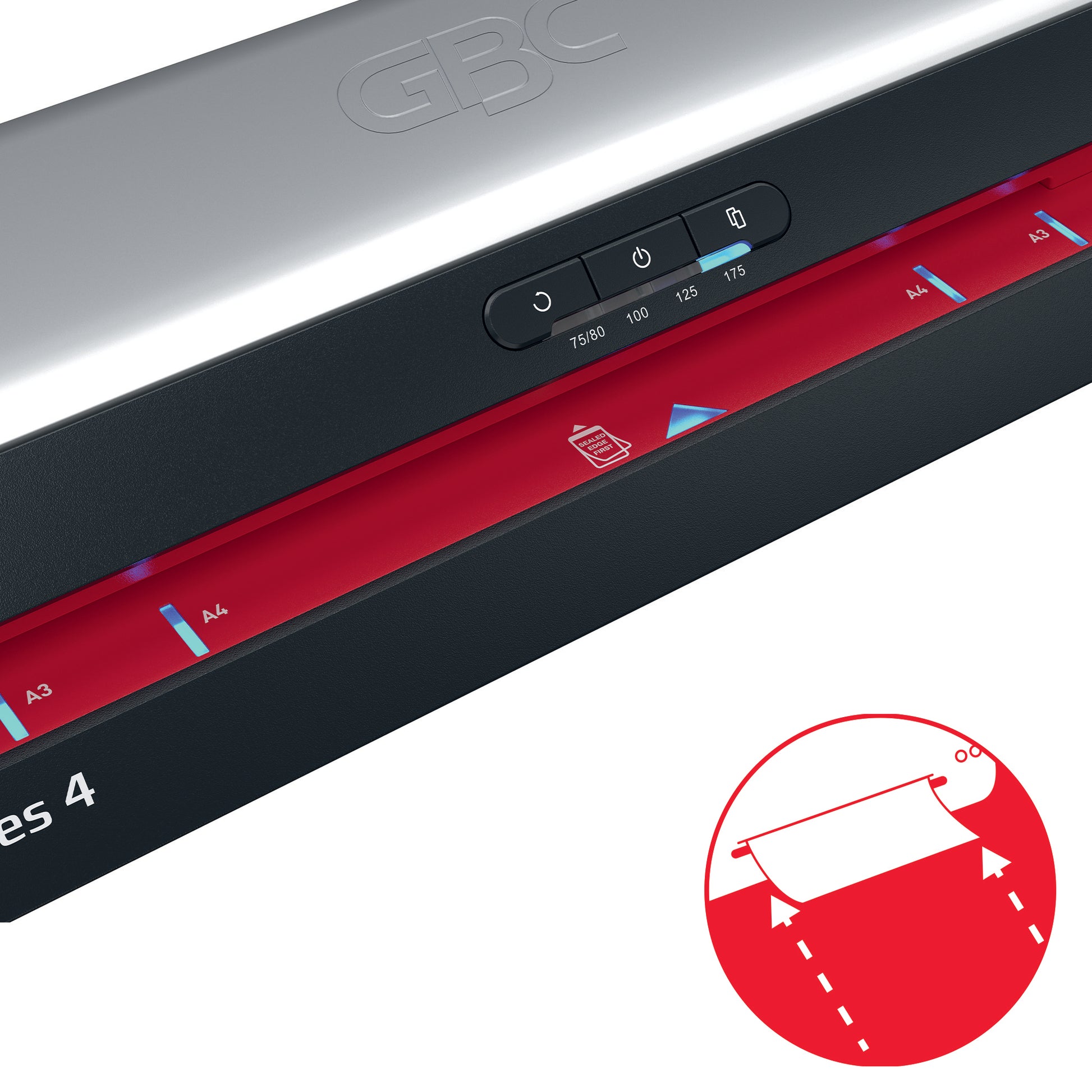 GBC 480HS Laminiergerät A3 – 2-Rollen, 75–175 µm, Aufheizzeit 1 Min., 800 mm/min, schwarz/silber/rot