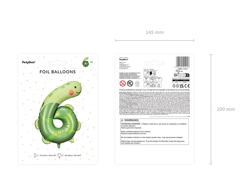 PartyDeco Folienballon Zahl 6 Schildkröte – Grün – 75 × 96 cm – Folie – 1 Stk