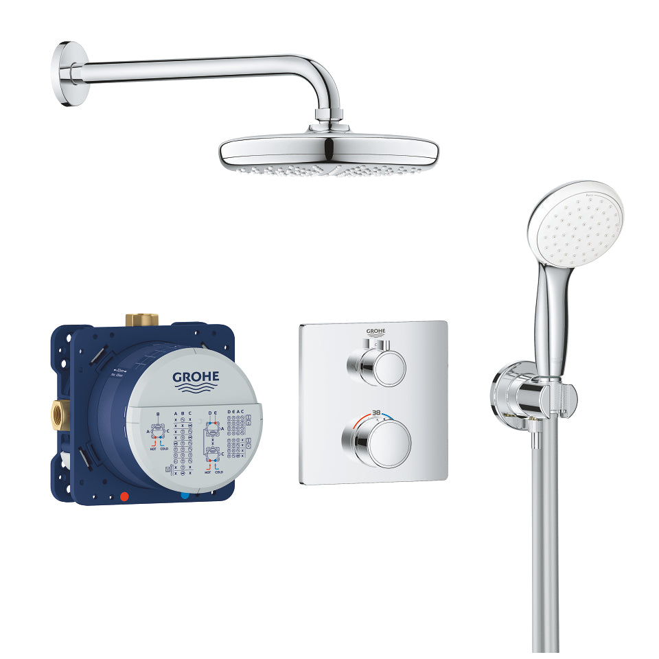 GROHE Grotherm Badebatterie (Unterputz) – Messing, Zweigriffarmatur, Wandmontiert, Chrom