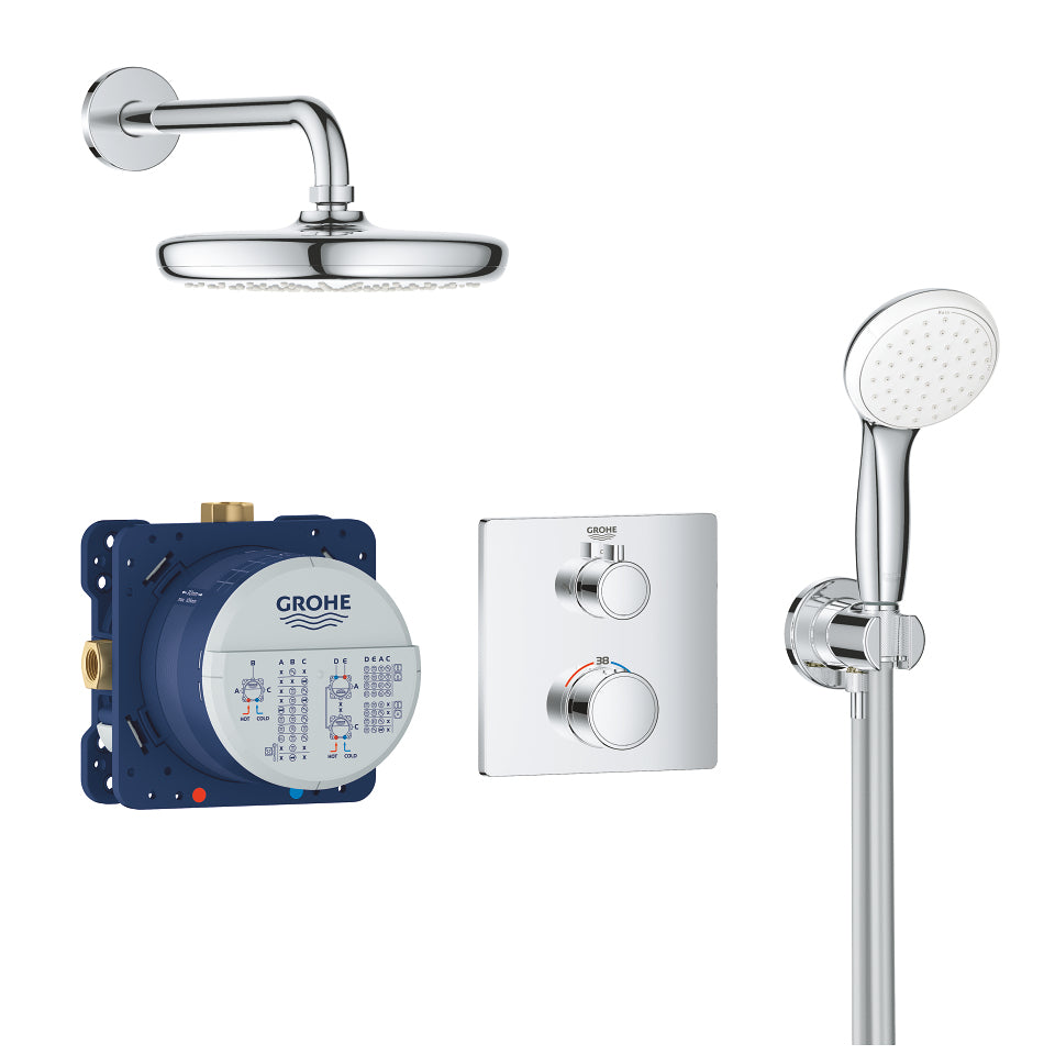 GROHE Grotherm Badebatterie (Unterputz) – Messing, Zweigriffarmatur, Wandmontiert, Chrom