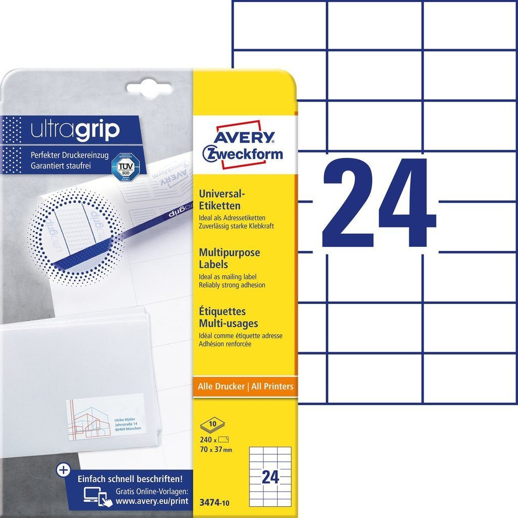 AVERY Zweckform Haftetiketten – rechteckig 70 × 37 mm, permanent, weiss, A4, 10 Blatt (240 Stk.)