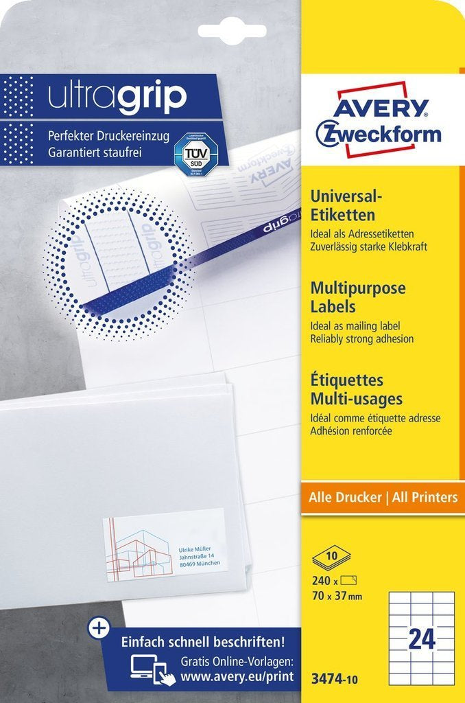 AVERY Zweckform Haftetiketten – rechteckig 70 × 37 mm, permanent, weiss, A4, 10 Blatt (240 Stk.)