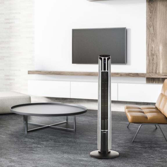 Domo Turmventilator DO8127 – 45 W, 4 Stufen, oszillierend, Timer, Fernbedienung, Schwarz, Silber