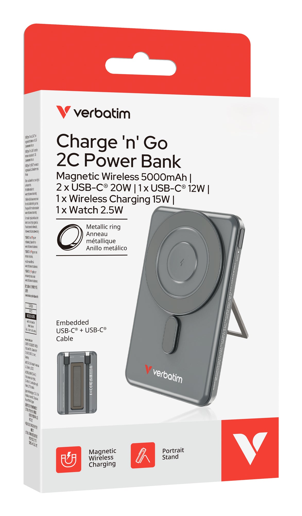 Verbatim Charge N Go 2C MagSafe Powerbank 5'000 mAh – 20 W PD, MagSafe 15 W, 2× USB-C, grau