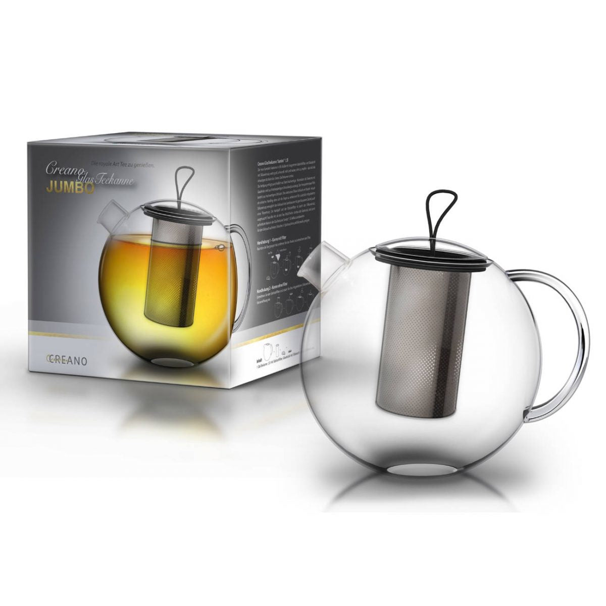 Creano Teekanne – 2 l, Borosilikatglas, transparent, mit Edelstahlfilter, mit Glasdeckel, hitzebeständig
