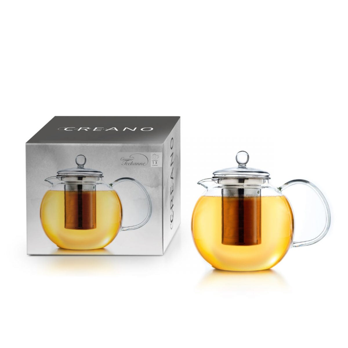 Creano Teekanne – 1,3 l, Borosilikatglas, transparent, mit Glasdeckel, Edelstahlfilter