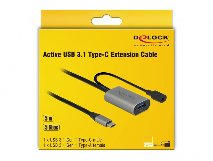 DeLOCK USB-C auf USB-A Verlängerungskabel (Stecker auf Buchse) – USB 3.2 Gen 1 (5 Gbit/s) – 5 m – aktiv
