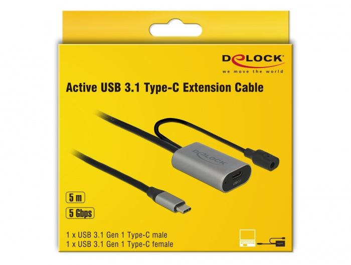 DeLOCK USB-C Verlängerungskabel (Stecker auf Buchse) – USB 3.2 Gen 1 (5 Gbit/s) – 5 m – Aktiv – Schwarz