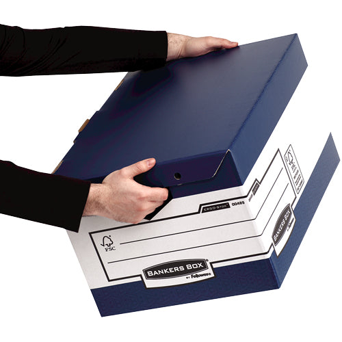 Fellowes Aufbewahrungsbox B 290 × H 310 × T 565 mm – für A4, mit Deckel, mit Tragegriff, Weiss/Blau, Karton
