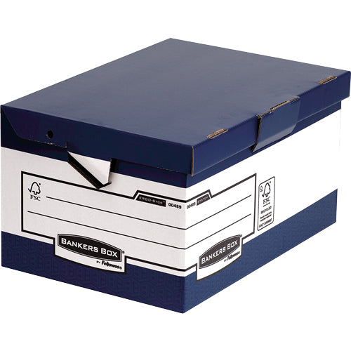 Fellowes Aufbewahrungsbox B 290 × H 310 × T 565 mm – für A4, mit Deckel, mit Tragegriff, Weiss/Blau, Karton