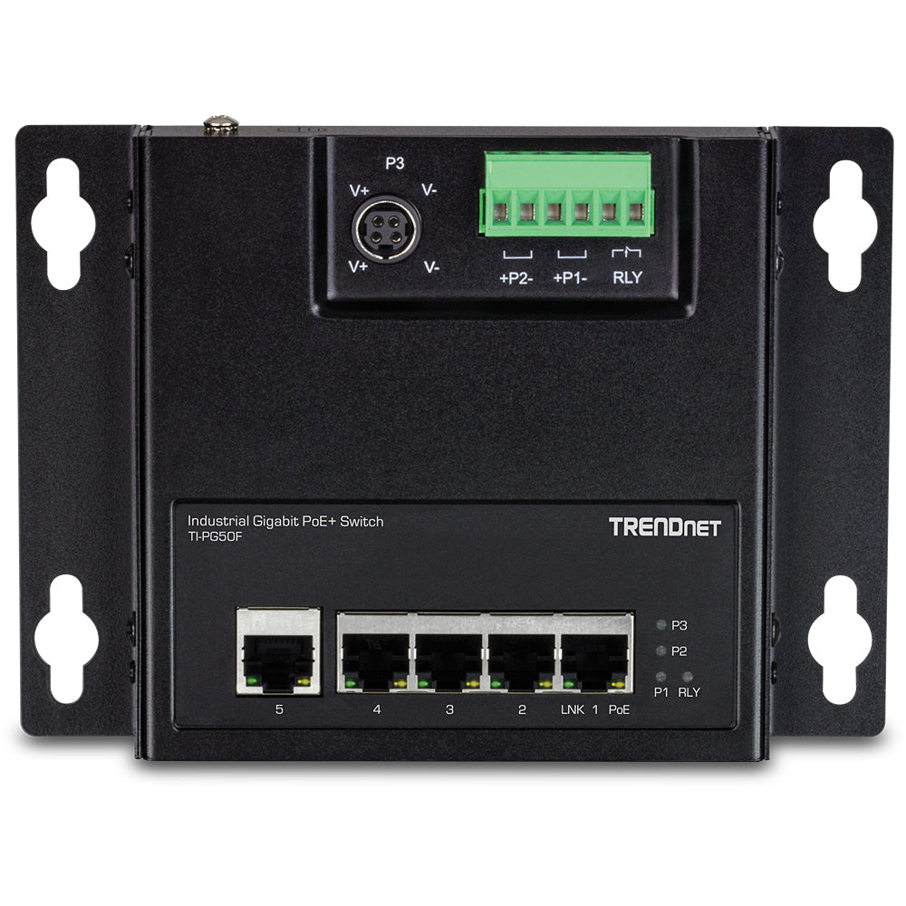 TRENDnet TI-PG50F – Netzwerkswitch – 5×GbE, 4×PoE+, 120 W, IP30, Wandmontage