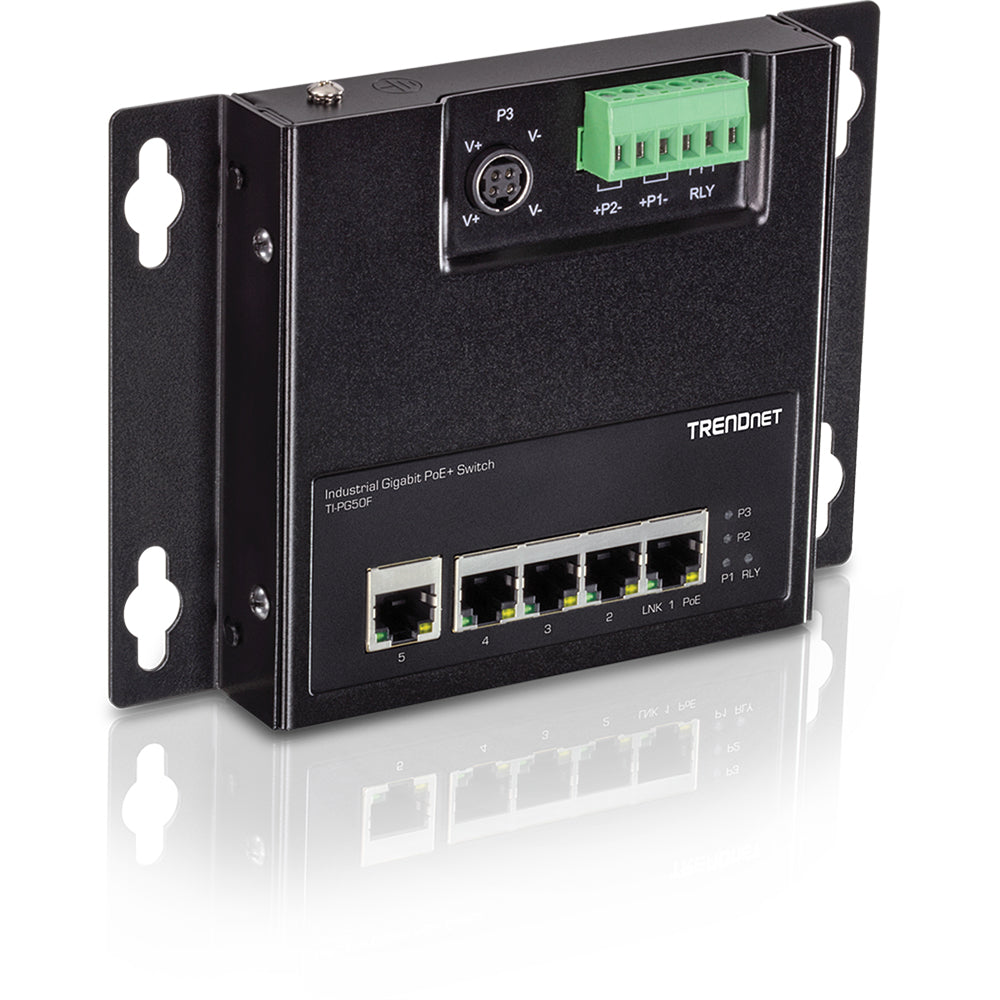 TRENDnet TI-PG50F – Netzwerkswitch – 5×GbE, 4×PoE+, 120 W, IP30, Wandmontage