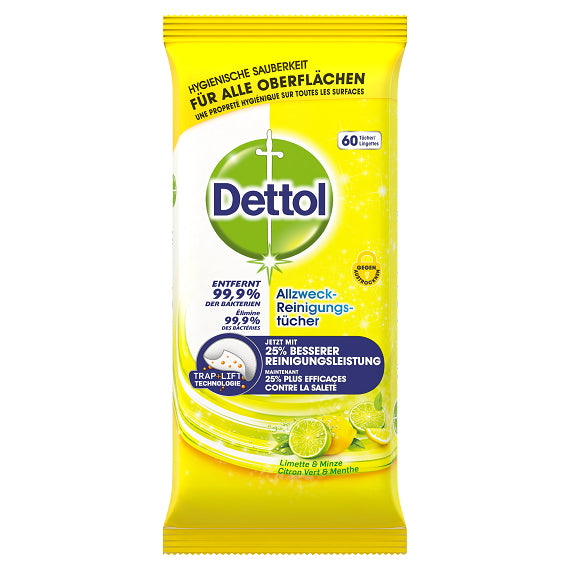 Dettol Allzweck-Reinigungstücher – Limette-Minz-Duft – für Oberflächen – 60 Stk.