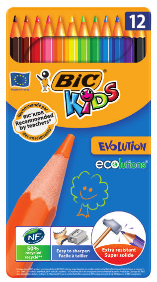 BIC Buntstifte Evolution Kids – 12 Farben, im Metalletui, Ø 3,2 mm, Kunstharz, NF Environment