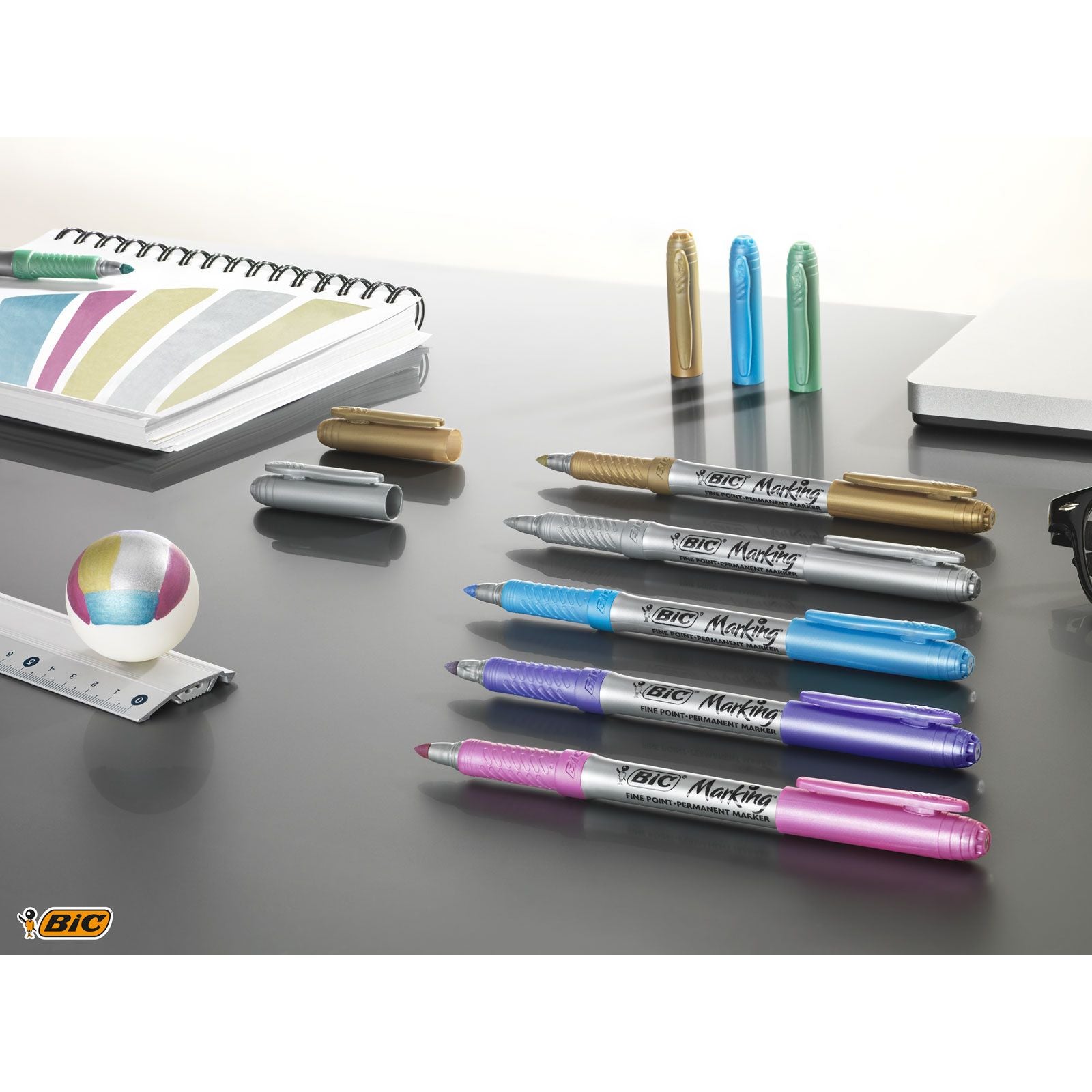 BIC Party 992668 4 Colours Kugelschreiber – 5er Pack, Blau, Bronze, Gold, Grün, Silber, Spitze 1,8 mm