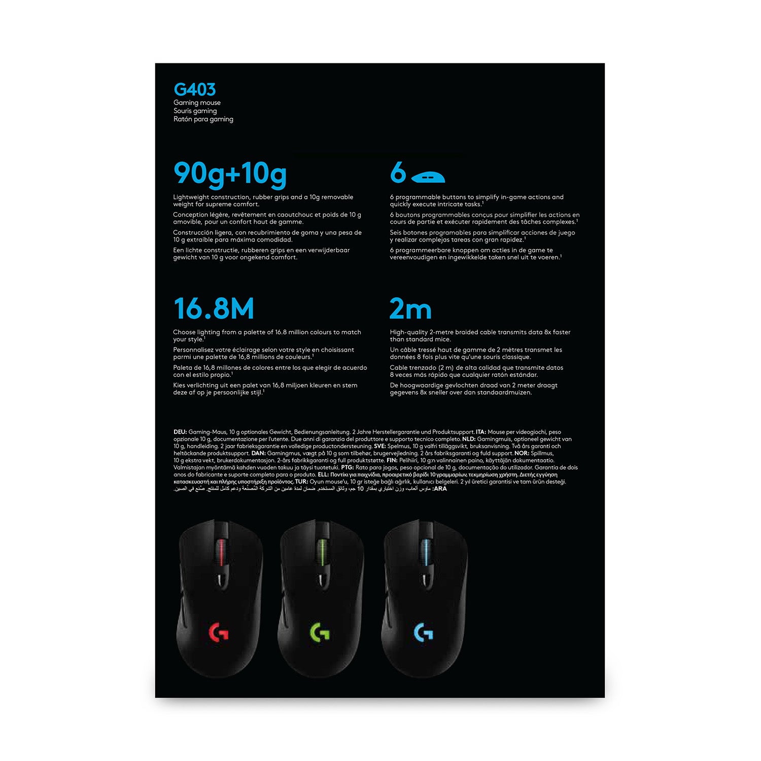 Logitech G G403 HERO – Gaming-Maus – Kabelgebunden (USB‑A), 25600 DPI, Rechts, Schwarz