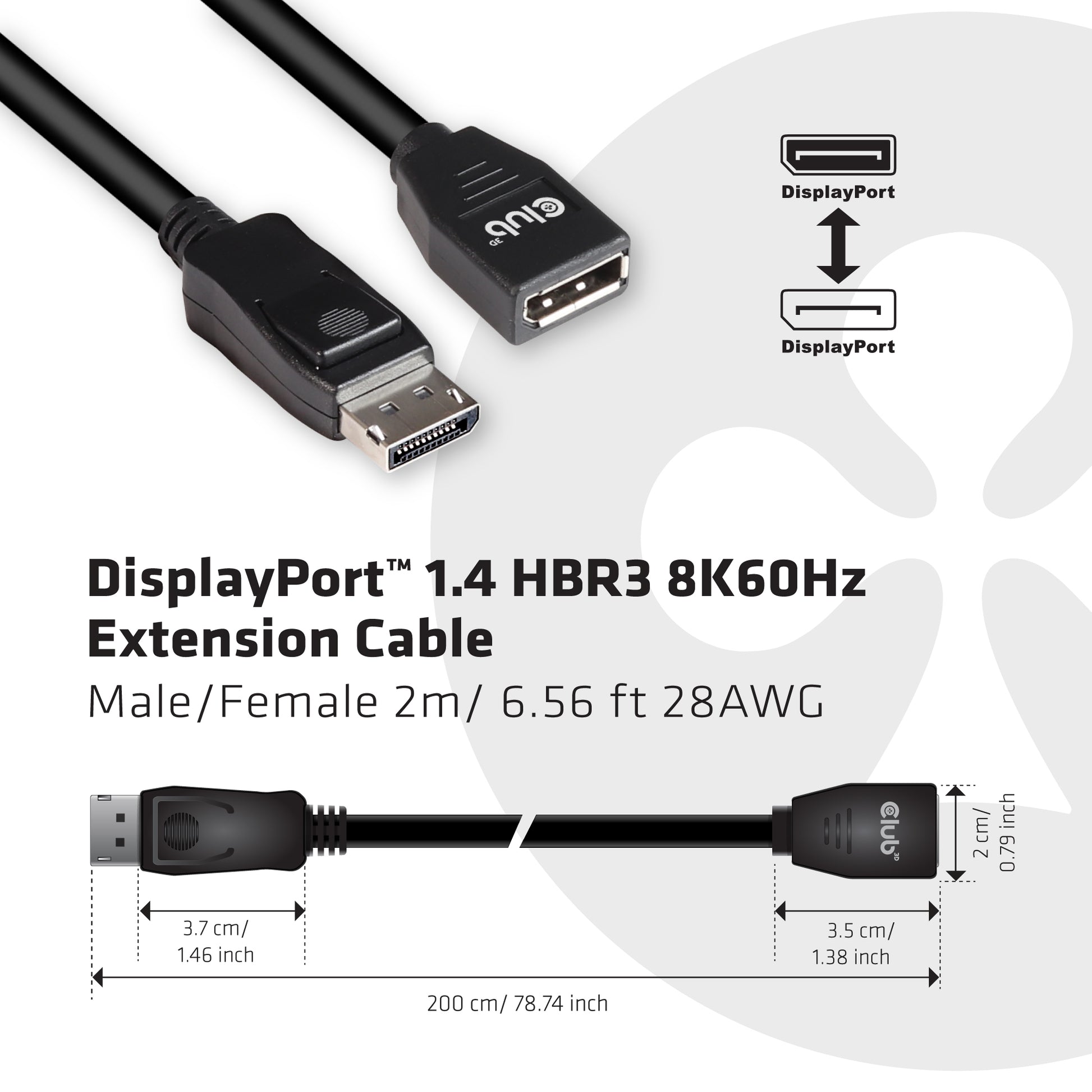 CLUB3D Club 3D DisplayPort Verlängerung DP 1.4 8K 60 Hz – 2 m – für Geräte mit DisplayPort-Anschluss