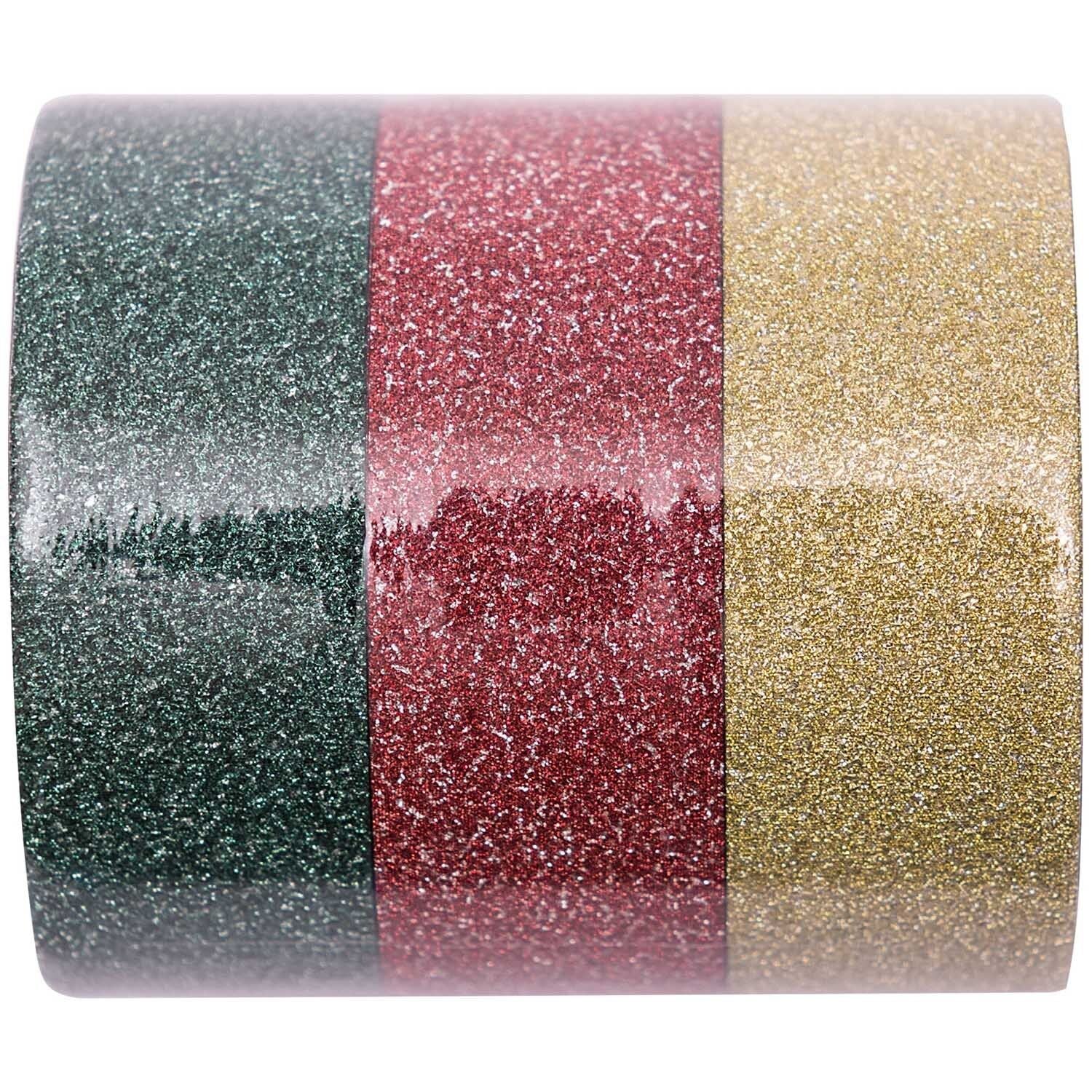 Rico Design Washi Tape Set – 15 mm × 10 m, gold, grün, rot, Papier, holografisch, wiederablösbar, 3 Rollen