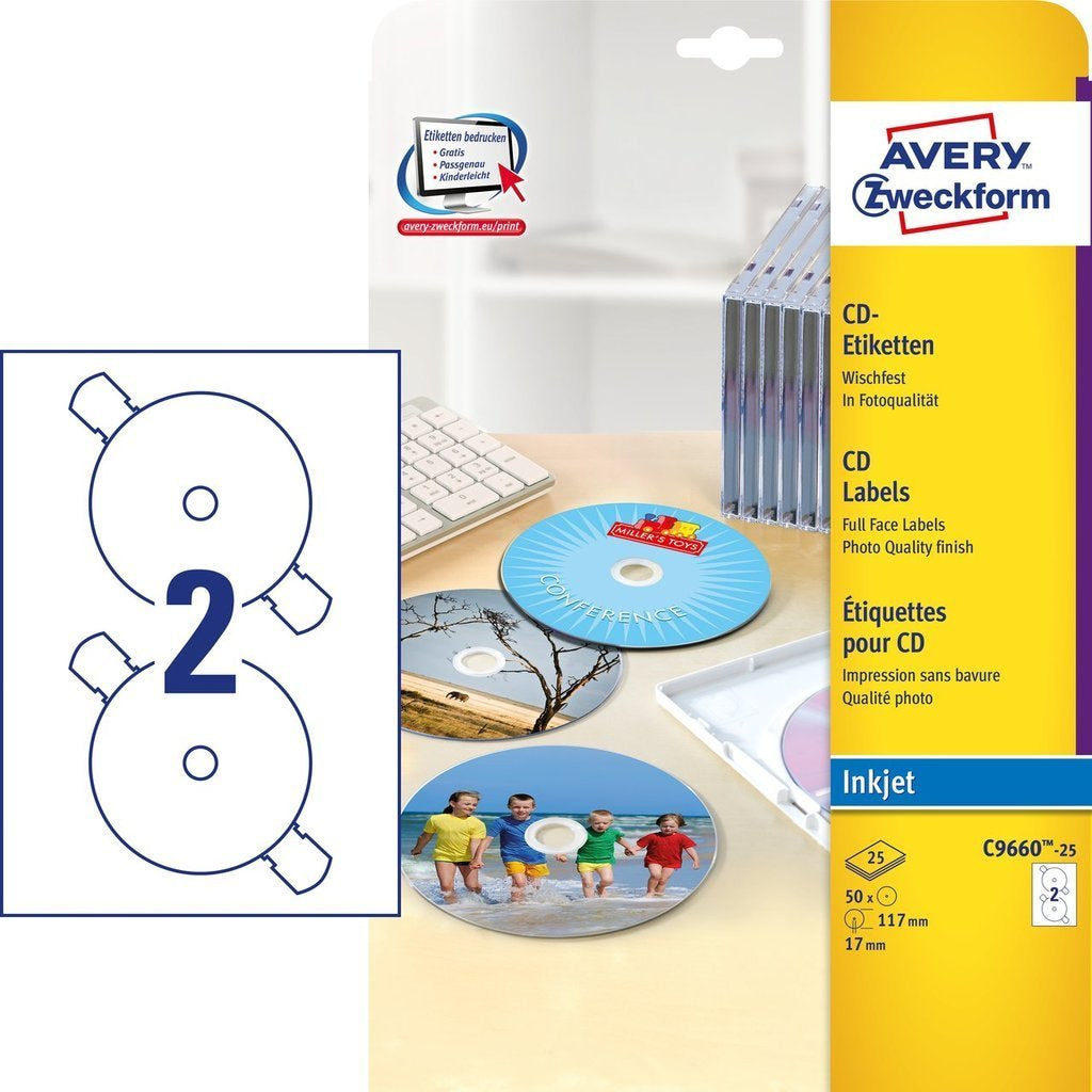Avery Zweckform – Datenträger-Etiketten SuperSize, Ø 117 mm, weiss, selbstklebend, 50 Etiketten (25 Blatt)