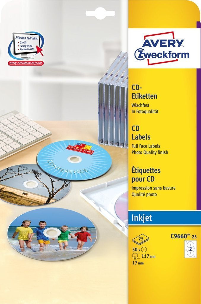 Avery Zweckform – Datenträger-Etiketten SuperSize, Ø 117 mm, weiss, selbstklebend, 50 Etiketten (25 Blatt)