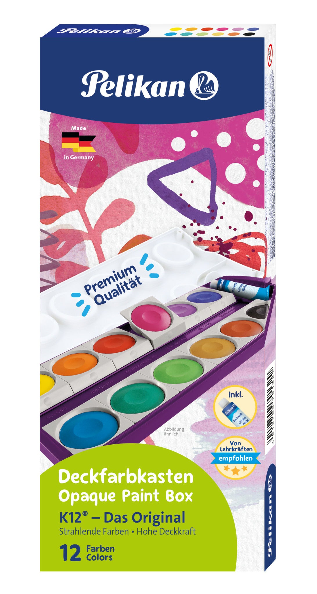 Pelikan K12 eco Deckfarbkasten – Mehrfarbig, 12 Farben – inkl. Deckweiss 7,5 g