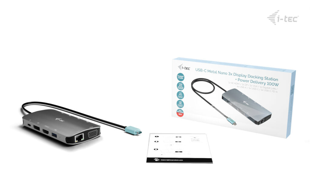 i-tec Metal Nano Dockingstation – USB-C, DP/HDMI/VGA, 100 W PD, GbE, für Windows/Mac/ChromeOS
