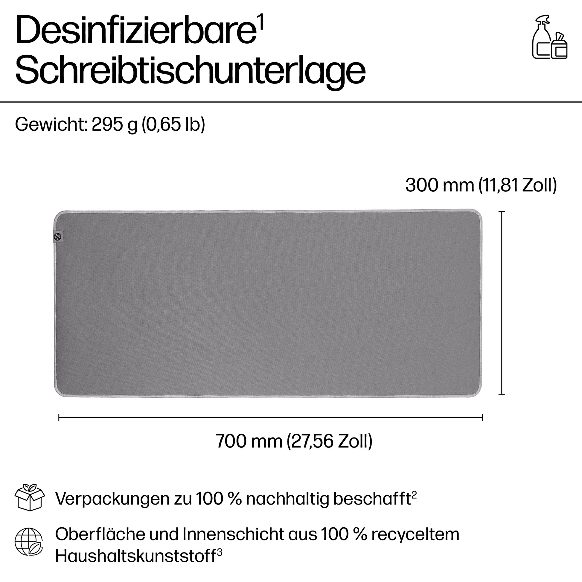 HP Mauspad 200 Desinfizierbar – 700 × 300 mm, rutschfest, rPET/Gummi, grau
