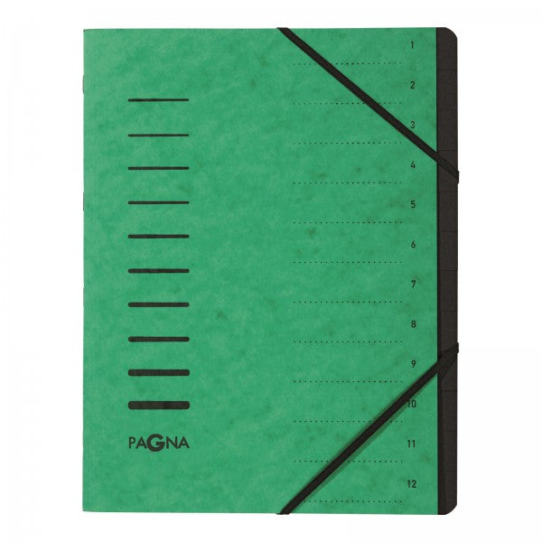 Pagna Fächermappe A4 – 12 Fächer, Gummiband, Karton, Grün