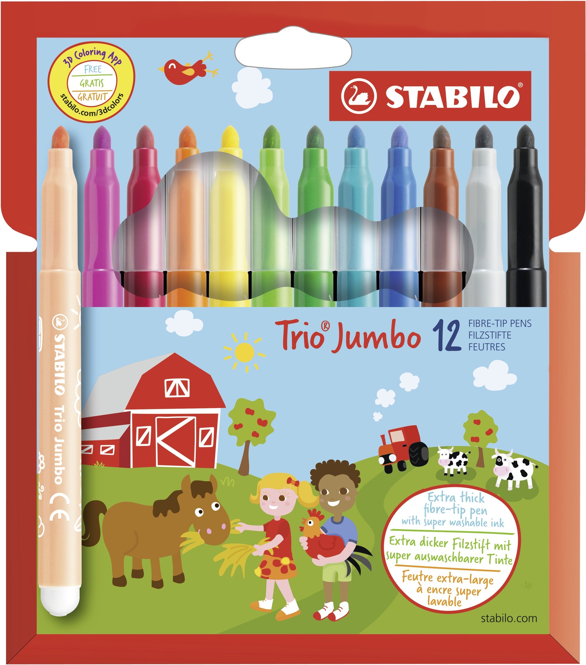 STABILO Trio Jumbo Filzstifte – Rundspitze, 3 mm, wasservermalbar, 12 Farben