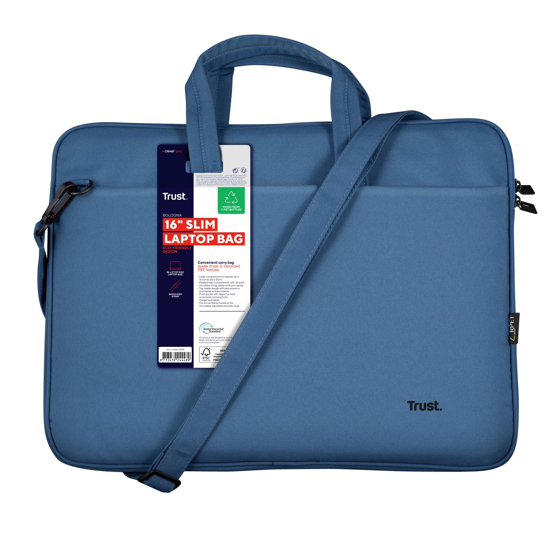 Trust Notebook-Tasche für Notebooks bis 16" – Trolley-Band, abnehmbarer Schultergurt – Blau